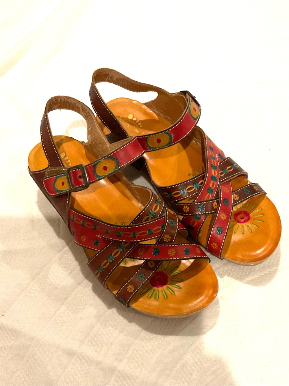 Spring Step Red & Yellow Hand-Painted Floral Leather Wedge Sandals